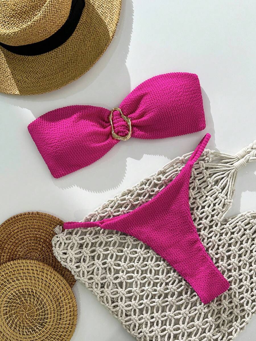 Swim Chiccia Springbreak 女士沙滩装夏季套装，女士纯色提花面料露肩金属装饰性感比基尼套装 - 玫紅色 - 查看 1