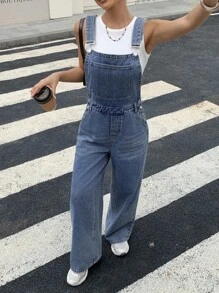 Livesso 女士宽松休闲牛仔背带裤，夏季工装裤 - 藍色 - 查看 4