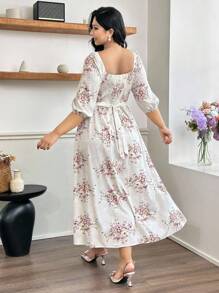 Modelyn Plus Size Women Elegant Tie-Up Waist Printed Long Dress - Beige - View 2