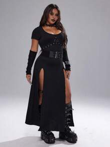 Whyspr Plus Size Women's Black Five-Pointed Star Decor Solid Elegant Off Shoulder Simple Casual Dress , Halloween - Black - View 5