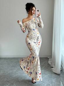 Elenzga Standard Size Women's Elegant Floral Print Asymmetrical Shoulder Dress Fall Cloth For Women - Apricot - View 3