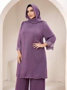 Modelyn Plus Size Women Solid Color Asymmetric Hem Long Sleeve Top And Pants Arabic Style 2 Pieces Set