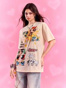 THE POWERPUFF GIRLS X SHEIN 女士休闲花朵、泡泡、毛茛图案圆领短袖 T 恤，夏季 - 米色 - 查看 5