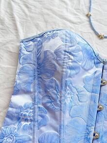 Soleia 复古宫廷风格彩色花卉提花印花吊带短款上衣，带纽扣和系带，适合女士，度假紧身胸衣上衣蓝色花卉紧身胸衣淡蓝色紧身胸衣上衣蓝色夏季紧身胸衣女士紧身胸衣蓝色紧身胸衣女士返校，返校季，毕业季 - 藍色 - 查看 4