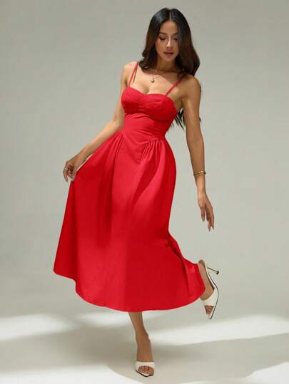 SHEIN PETITE Women's Solid Color Waist Cinched Elegant Spaghetti Strap Dress Red Midi Dress,Elegant Dresses For Women,Party Dresses For Women