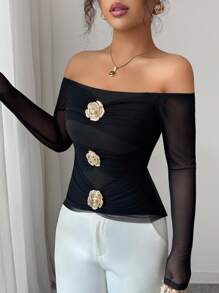 Elenzga 女士优雅露肩透视网眼花卉金属装饰修身 T 恤，春夏