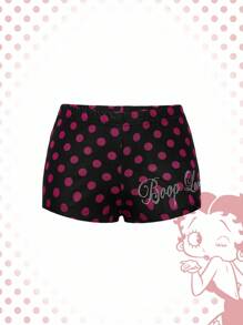Betty Boop | ROMWE 2件套女士波尔卡圆点和水钻图案长袖上衣和短裤套装 - 黑色 - 查看 8
