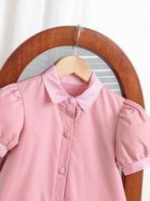 Robe d'été décontractée pour jeune fille avec patchwork à carreaux et manches bouffantes - Rose bonbon - Voir 3