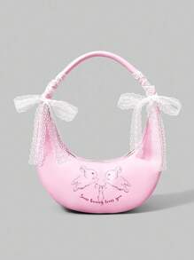 ROMWE Kawaii 女士兔子图案印花流浪汉单肩包，白色蕾丝蝴蝶结装饰，时尚、个性化、简约、百搭、街头、甜美酷炫风格，Y2K，粉色（丝带可拆卸） - 粉色 - 查看 1