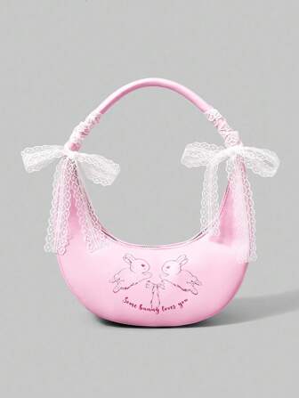 Kawaii Sac à main Hobo à motif lapin pour femmes, décoré d'un nœud en ruban de dentelle blanche. Style mode, personnalisé, simple, polyvalent, de rue, doux et cool, Y2K, rose (ruban amovible)