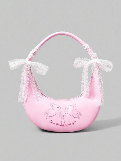 ROMWE Kawaii Bolso de hombro tipo hobo con estampado de conejo para damas y mujeres, decorado con lazo de cinta de encaje blanco, de estilo de moda, personalizado, sencillo, versátil, de calle, dulce y fresco, estilo Y2K, color rosa (cinta desmontable)