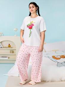 LE PETIT PRINCE X SHEIN Plus Size Women's Summer Fall Autumn Y2k Cleanfit Atry Chic Cute Dreamy  Retro Vintage Casual Vacation Vibe Back To School Clothes Preppy Style  Kawaii  Streetwear Loose White Pink  Comfortable Rose Floral Pattern Round Neck Short Sleeve T-Shirt And Pants Pajama Set, Summer - Multicolor - View 3