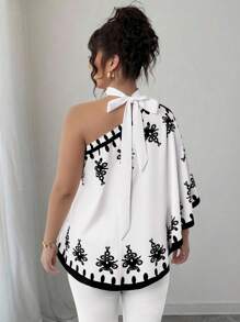 SHEIN Elenzya 女式加大码宽松花卉印花露肩系带衬衫