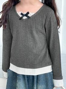 Dazy Kids Áo thun họa tiết nơ khối màu đơn giản cho bé gái - Xám - Xem 5