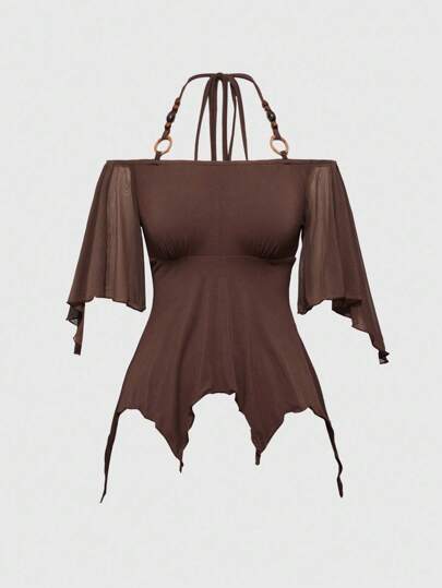 Hippie T-shirt vintage ample à épaules dénudées, motif perles en bois, patchwork, manches chauve-souris, ourlet asymétrique, pour femme