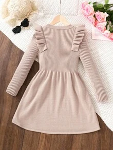 Tween Girl Round Neck Long Sleeve Textured Ruffle Flare Sleeve A-Line Casual Sweater Dress Fall Winter - Khaki - View 2