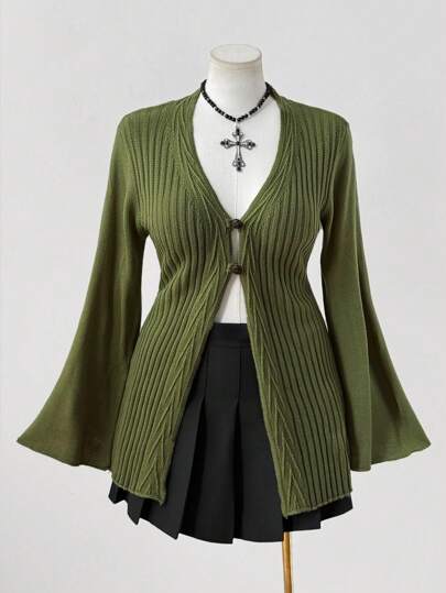 Sweetra Plus Size Women Bohemian Style Front Button Knitted Cardigan, Suitable For All Seasons Wear, Ideal For Vacation Vintage Women Cardigan Ribbed Cardigan Olive Green Cardigan Bell Sleeve Cardigan Green Cardigan Women Winter Fall Autumn