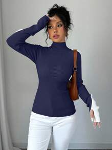 SHEIN Raffinéa Color Block Stand Collar Minimalist Knit Sweater Knit Pullover Fall Winter - Navy Blue - View 5