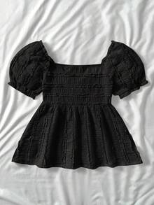 SHEIN Kids Summer Outfits  Squishy Teen Girls Black Sweet Puff Sleeves Retro Texture Fabric T-Shirt, Short Sleeve T-Shirt, Casual T-Shirt Black Babydoll Top Babydoll Top With Sleeves Teen Girl Babydoll Top Cute Black Tops Summer Babydoll Top Black Babydoll Top With Sleeves Black Puff Sleeve Top Black Knit Top Summer Tops - Black - View 2