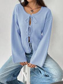 SHEIN EZwear 女士纯色圆领落肩长袖系带休闲毛衣秋冬系带上衣 - 藍色 - 查看 6