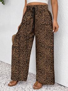 SHEIN Frenchy 大码女装音乐节小豹纹夏季高腰系带宽松休闲裤