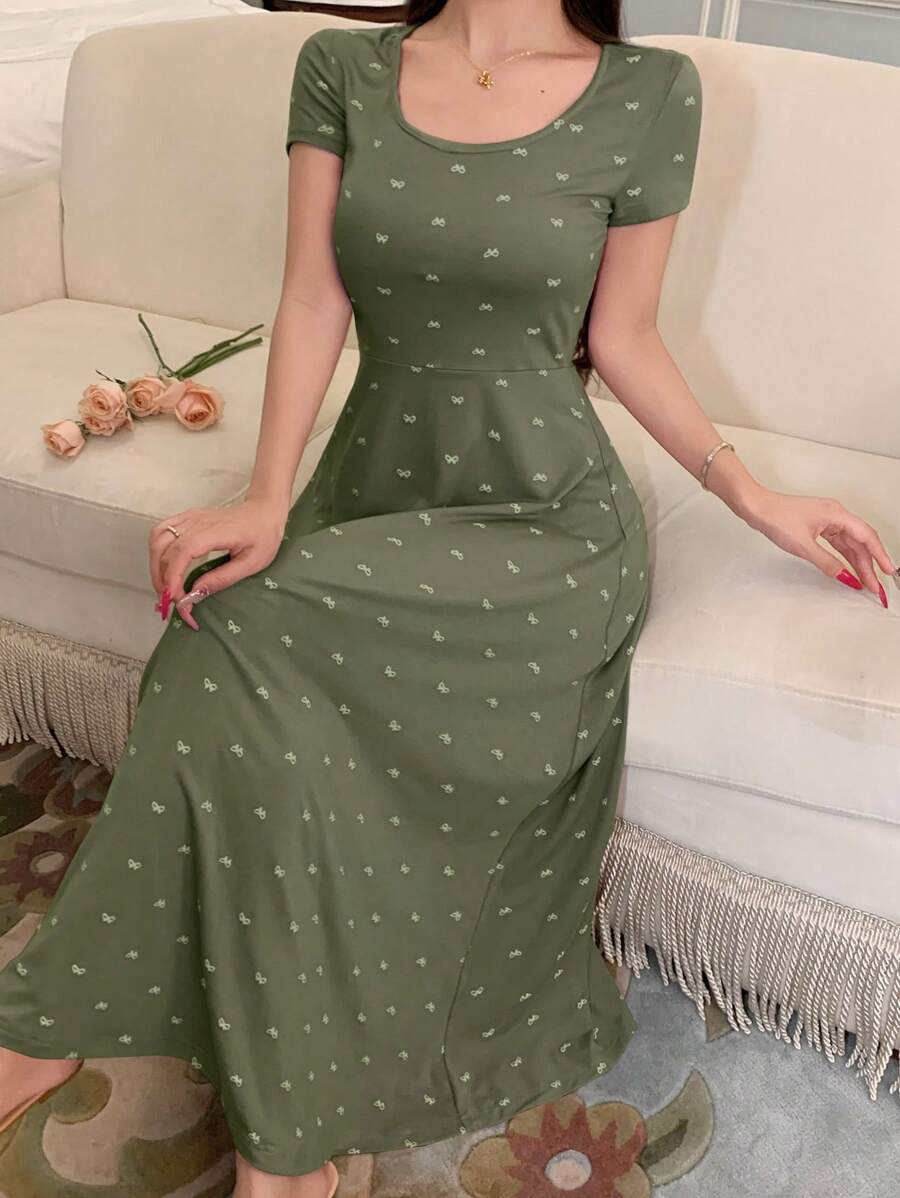 DAZY 蝴蝶结印花修身短袖女式睡袍睡衣 - 綠色 - 查看 1
