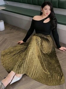 Dazy Plus Plus Size Elastic Waist Velvet A-Line Pleated Skirt, Elegant For Formal Events Fall Skirts - Khaki - View 9