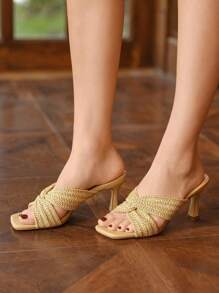 Rosivie Sandale cu toc înalt galben țesute, culoare bej, pentru femei, la modă