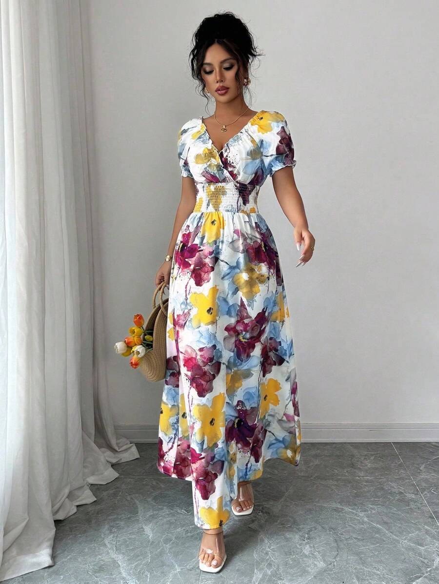 Elenzga Vestido de mujer con estampado floral, cuello en V y manga corta con cierre cruzado delantero