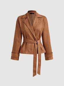 SHEIN MOD Women's Khaki Brown Lace-Up Suede Jacket, Autumn Apparel, Women Brown Blazer, Women Brown Suede Blazer,Back To School,Western,Old Money Style Women