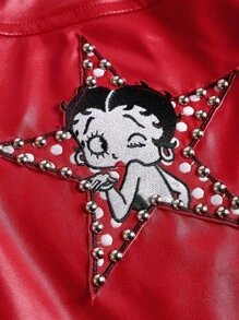 Betty Boop | ROMWE Quần da PU họa tiết ngôi sao và hoạt hình gợi cảm, màu đỏ, phong cách xe máy đường phố - Màu Đỏ Sâu - Xem 4