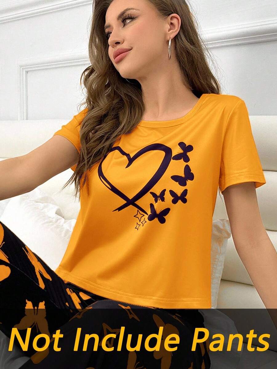 SHEIN 女士休闲蝴蝶和心形印花短袖睡衣上衣 - 黃色 - 查看 1