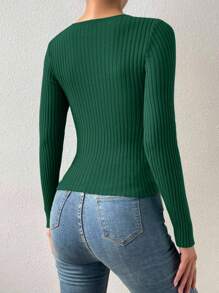 EMERY ROSE 纯色扭花镂空毛衣，长袖针织套头衫，秋冬毛衣 - 墨綠色 - 查看 2