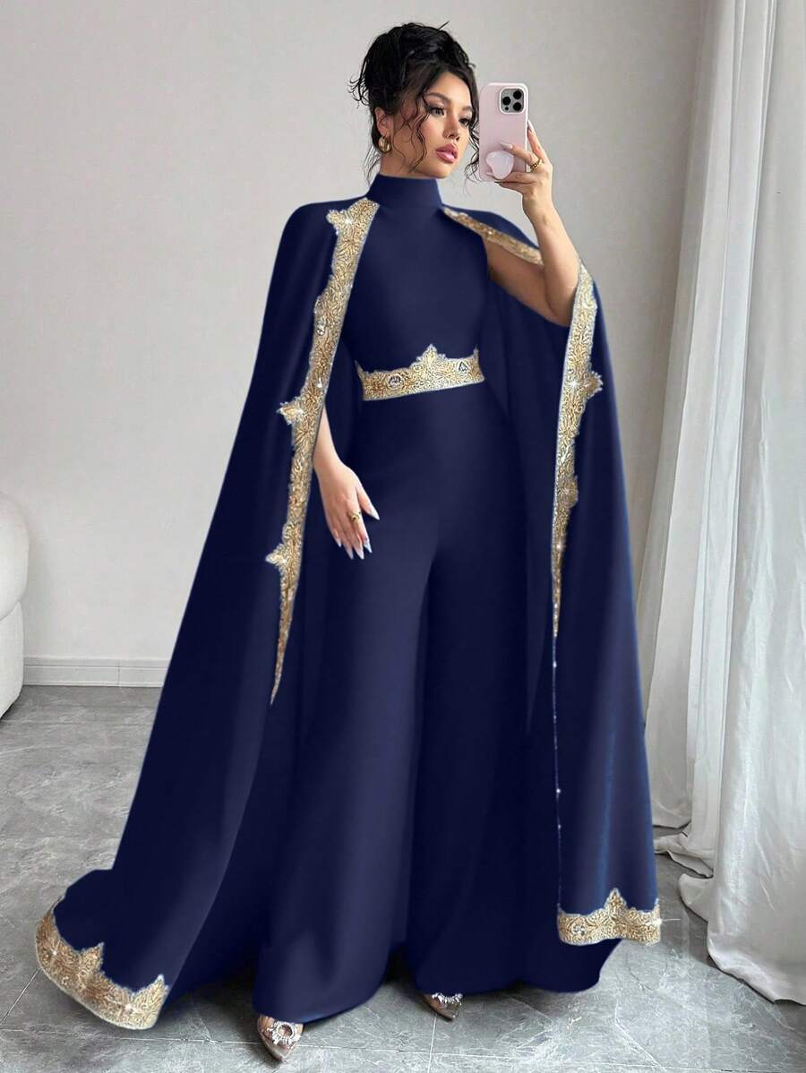 Chiquease 女士优雅亮片缎带装饰连体裤，适合大学派对穿着 - 藏蓝色 - 查看 1