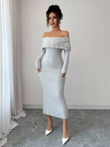Selianne 女士优雅纯色露肩紧身针织连衣裙 - 灰色 - 查看 6