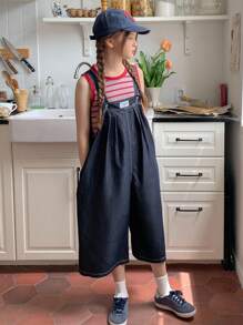 Hapijoa 2 件套 Tween Girl 女童条纹圆领短袖 T 恤 + 牛仔背带裤/连体裤套装，秋季 - 彩色 - 查看 5