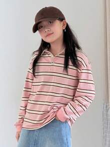 DAZY Tween Girl Casual Everyday Colorblock Striped Long Sleeve T-Shirt Fall,Winter - Pink - View 3