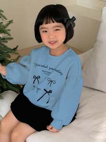 DAZY 女童圆领针织印花卫衣，秋季服装 - 藍色 - 查看 2