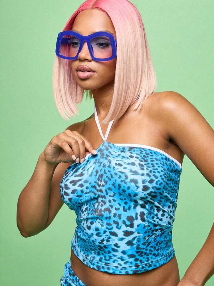 SUMWON WOMEN Halter Neck Crop Top With Leopard Print And Contrast Binding