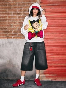Astro Boy X ROMWE Retro Street Fashion Cartoon Graphic Loose Hooded Sweatshirt - White - View 7