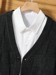 SHEIN Teen Boys' Charcoal Grey Textured Cardigan Sweater,Baggy Casual College Style Button Knitted Cardigan,Back-To-School Soft Autumn Outwear For School - Dark Grey - View 4