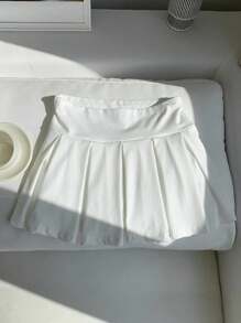 Comfortcana Casual Versatile Solid Color Sports Mini Pleated Skirt - White - View 2