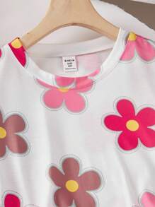 SHEIN 2pcs/Set Girls' Floral All-Over Print T-Shirt And High Waist Textured Wide Leg Pants Set - Hot Pink - View 3