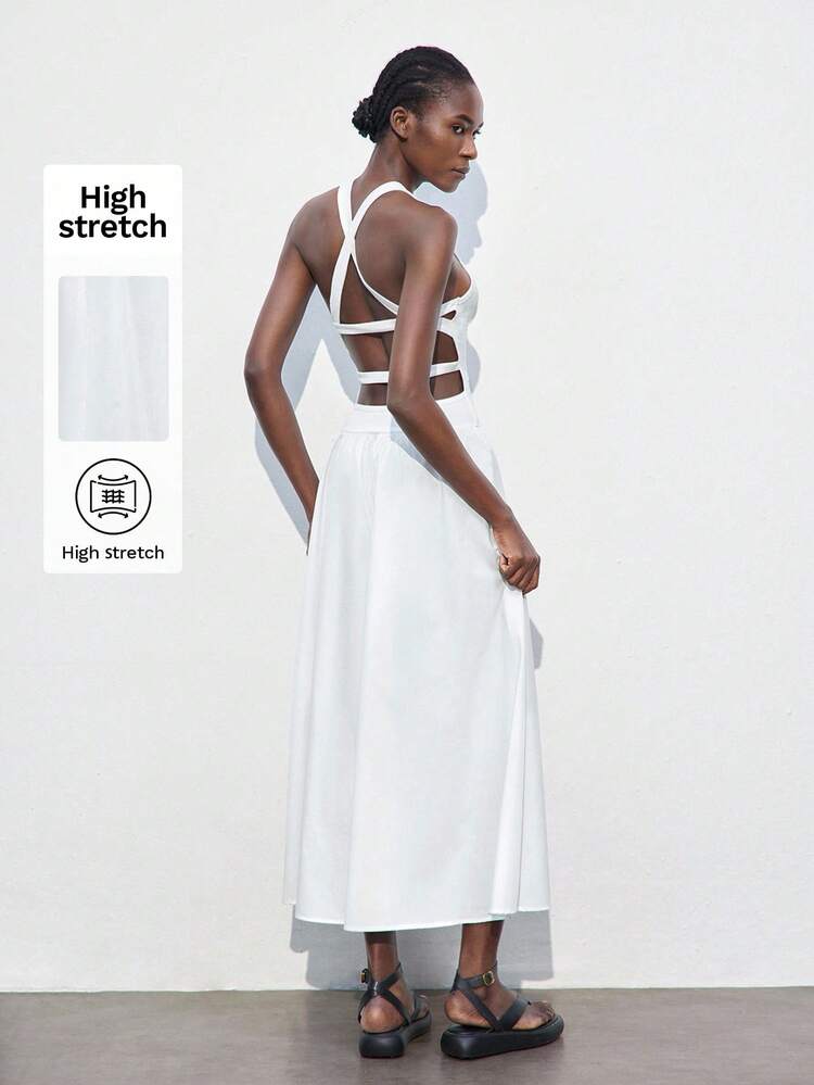 SHEIN Maija Damen Weißes Sommerkleid, Rundhals rückenfrei Kreuzband Kleid, einfarbig minimalistisch elegantes böhmisches Strand Urlaubs Lässig loses Sommerkleid