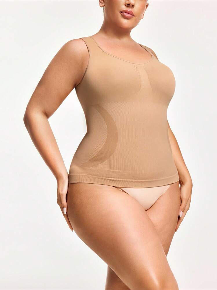 SHAPORA Plus Size Women Solid Color Rib-Knit Camisole Top - Apricot - View 3