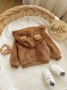 SHEIN Newborn Baby Girl Cute Brown Fuzzy Hooded Casual Jacket, Suitable For Autumn/Winter Baby Bear Jacket Baby Hooded Cardigan Baby Girl Cute Sweater Jacket Toddler Winter Jacket Baby Fuzzy Jacket Fall - Brown - View 2