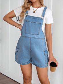 SHEIN Pregnant Women Casual Everyday Collegiate Utility Denim Jumpsuit - Blue - View 4