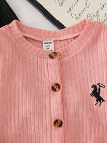 Genkimix Kids 返校季秋季服装两件套，女童可爱小马刺绣休闲罗纹条纹长袖粉色外套搭配黑色返校学院风冬季单品 - 粉色 - 查看 7