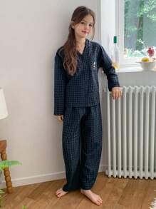 Hapijoa Tween Girl Plaid Long Sleeve & Long Pants Pajama Set - Navy Blue - View 8