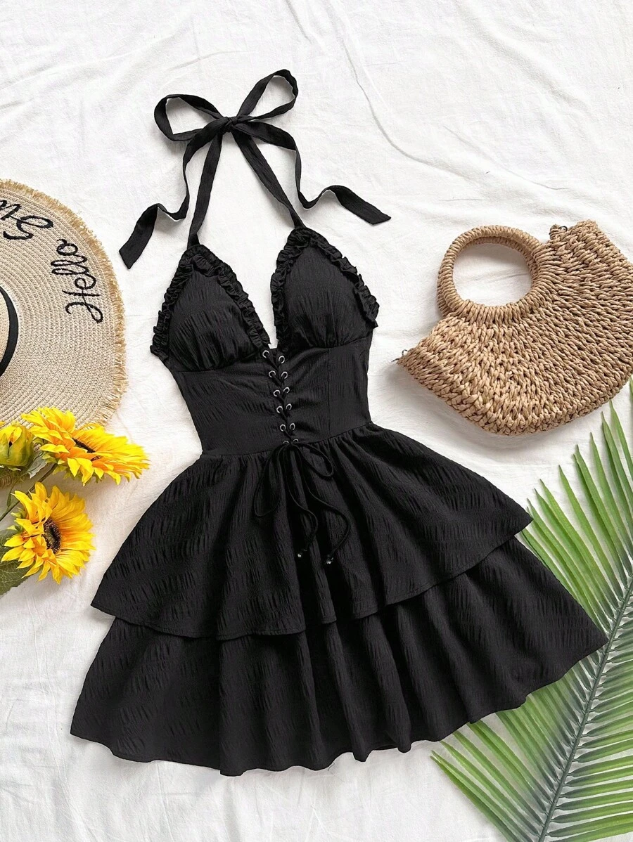 Soleia 休闲度假西部海滩婚礼宾客派对服装毕业早午餐服装，圣帕特里克节春假复活节音乐节，优雅波西米亚热带优雅红色纹理蝴蝶结露背荷叶边迷你连衣裙 - 黑色 - 查看 1